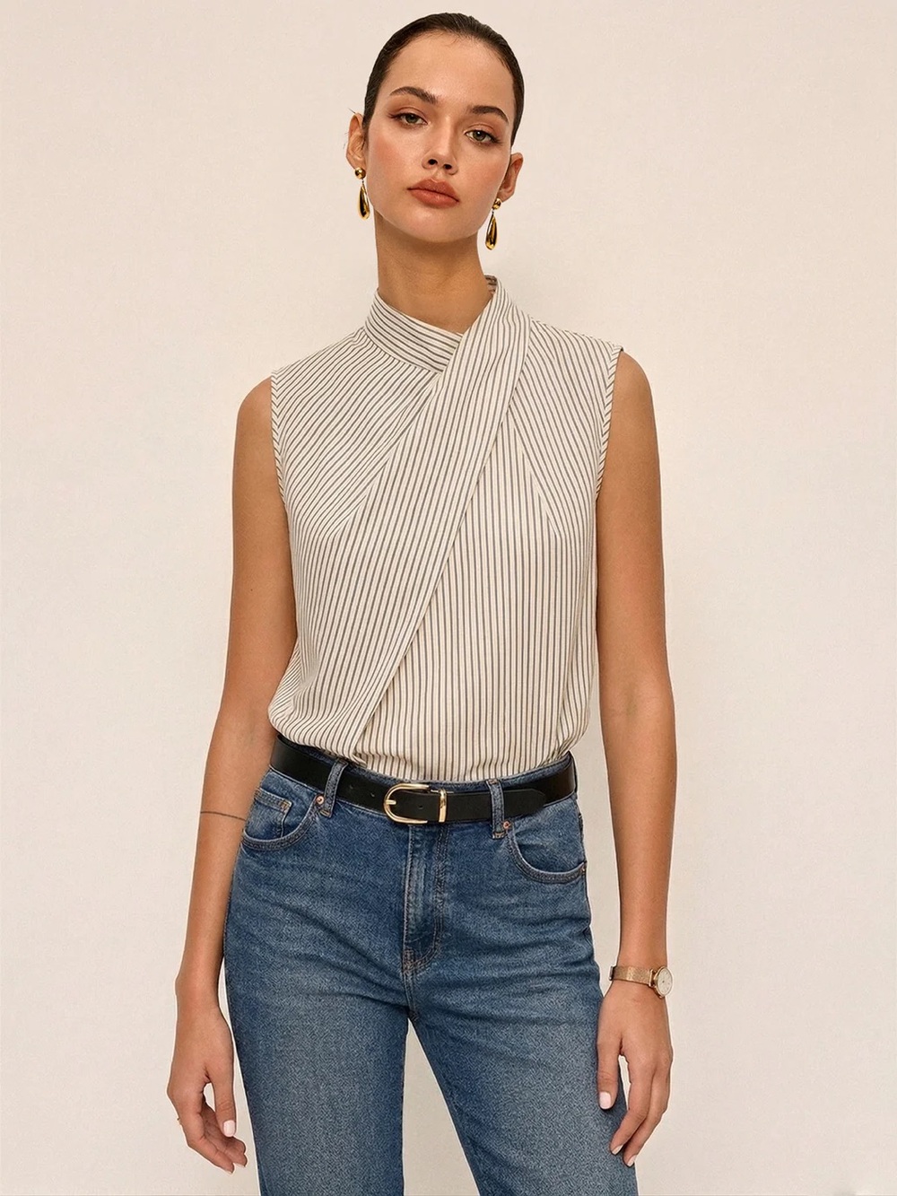 198 Sleeveless Striped High Neck Blouse